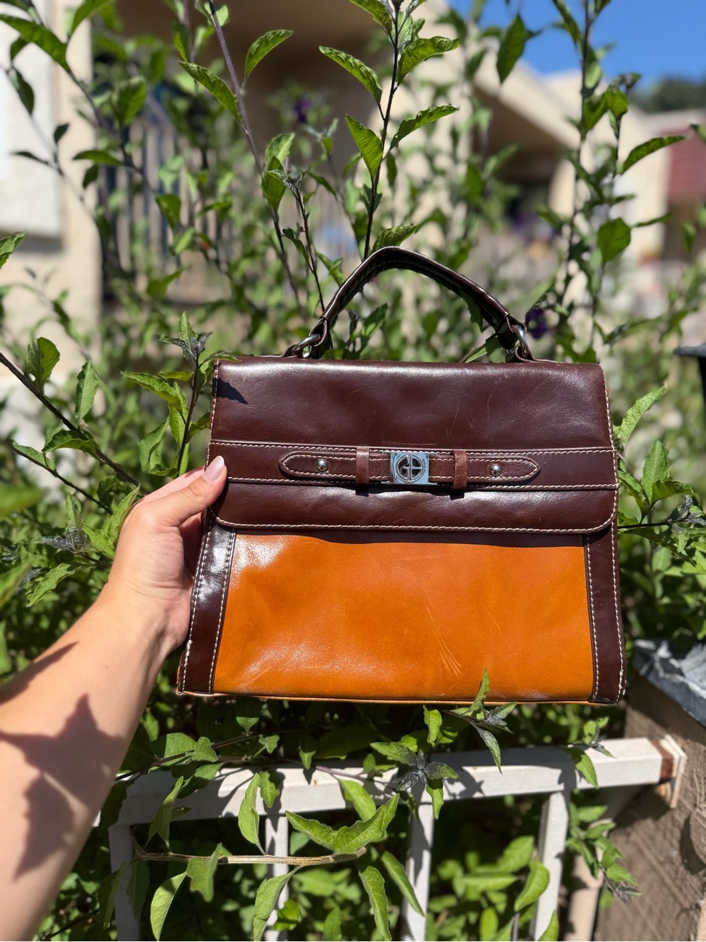 Vintage Giani Bernini Genuine Leather Two-Tone Satchel Top Handle Bag